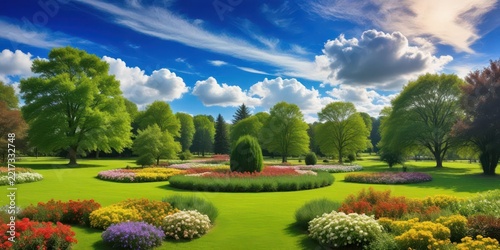 Serene green park surrounded by lush trees and vibrant flowers under a bright blue sky with white fluffy clouds
