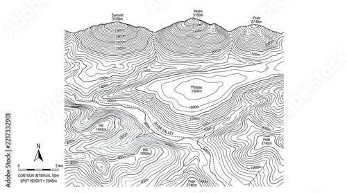 Topographic Map of Mountain Range with Contour Lines
