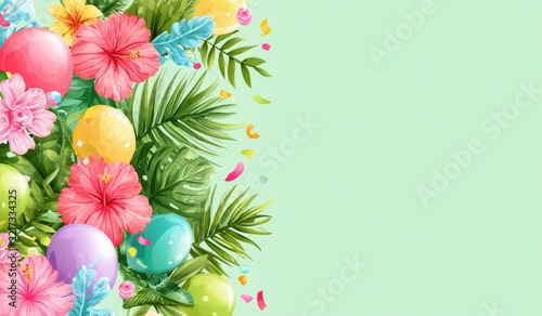 Bright festive spring celebration with tropical flowers and eggs