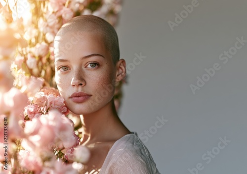 Young woman with shaved head poses near blooming flowers in soft sunlight