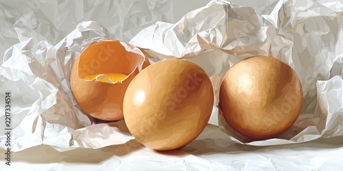 Three eggs one cracked on textured white paper in natural overhead lighting for stock