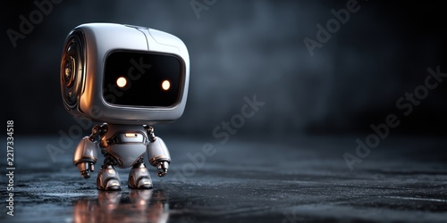 Cartoon robot character with glowing eyes standing against a dark and reflective background