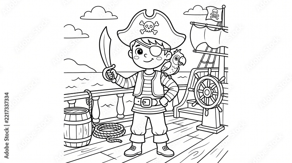 Naklejka premium Cute little pirate boy and parrot on ship coloring page for kids, black and white outline vector