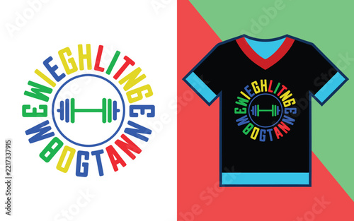Fitness themed t-shirt with circular typography and barbell on a black background