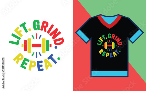 Fitness t-shirt with the text lift grind repeat and a barbell on a black shirt mockup with blue trim details