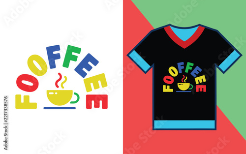 Fooffeee coffee t-shirt with colorful arched typography and a cup on a black v-neck apparel mockup