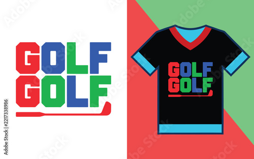 Golf themed with bold lettering and a red golf club shown on a black v-neck t-shirt mockup