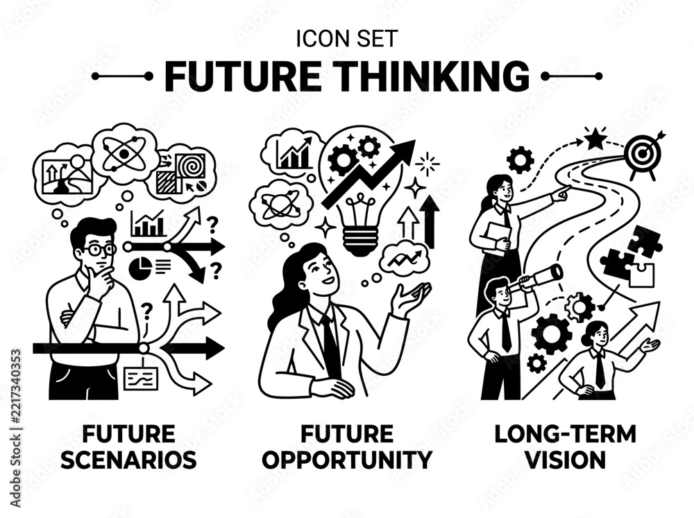 Obraz premium Future Thinking Black and White Vector Illustrations Icon Set