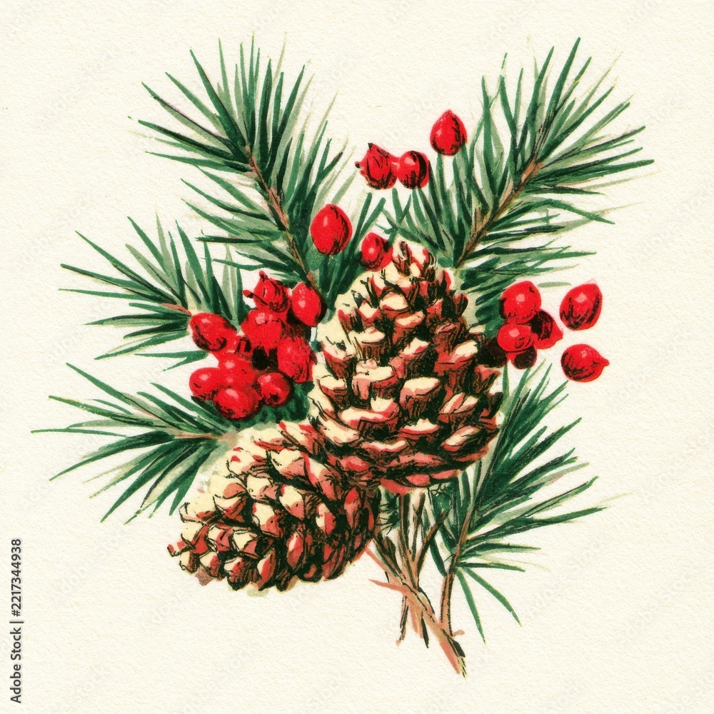 Naklejka premium Pine cones, evergreen needles, and bright red berries festive botanical art