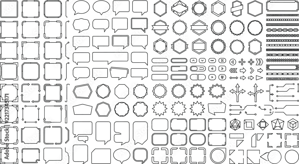 Obraz premium Outline UI Frames, Speech Bubbles, Badge Labels and Interface Elements Vector Collection Set