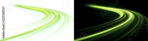 Fotografie Curved green light trails with soft motion blur and fine streaks for automotive
