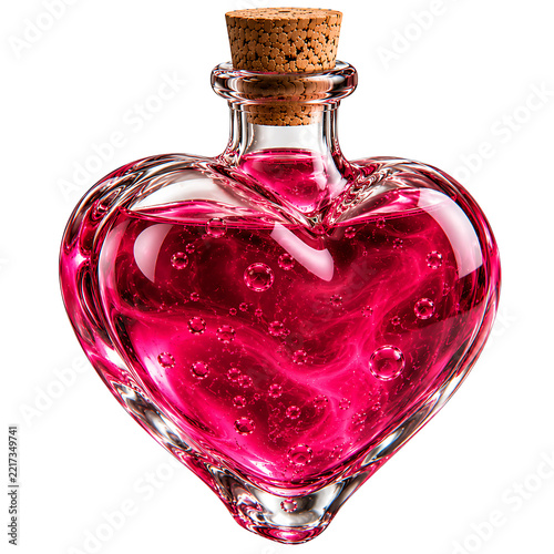 A Heart Shaped Glass Bottle filled with Pink Love Potion Isolated on a Transparent White Background.