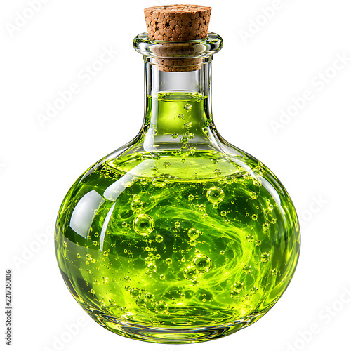 Swirling Lime Green Potion in Long-Neck Spherical Glass Flask on Transparent White Background.