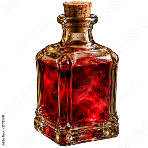 Swirling Red Magic Potion in Square Amber Glass Bottle on a  Pure White Background