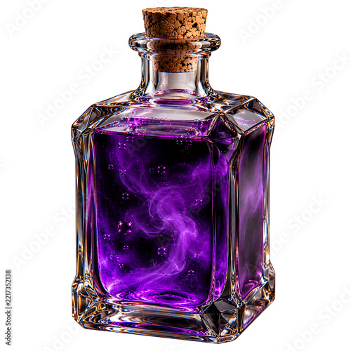 Purple Magic Potion with Swirling Mist in Square Glass Bottle on a White Background