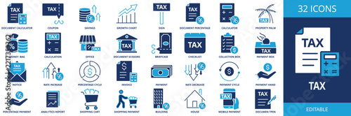 Tax web banner icon set. Includes symbols for tax, taxation, tax return, tax refund, tax form, tax season, income tax