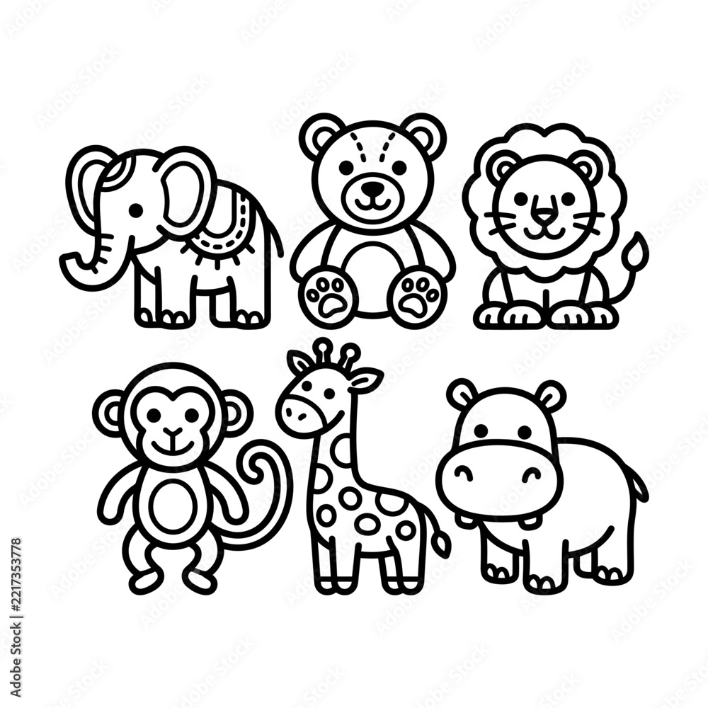 Fototapeta premium Cute Cartoon Safari Animals Collection Outline Vector Illustration