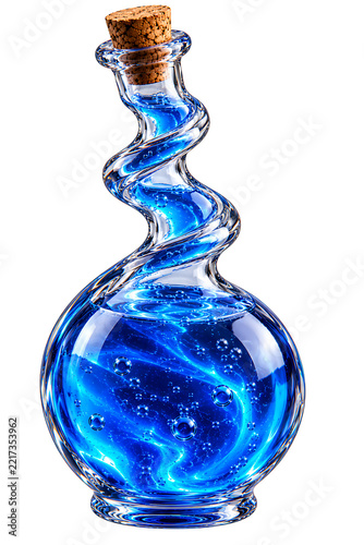 A Blue Magic Potion in Spiral-Neck Glass Bottle Isolated on a White Background .