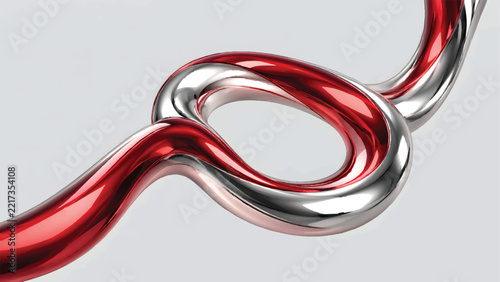 Crimson Red and Silver Liquid Chrome Ribbon Forming an Elegant Open Knot Loop on Clean Light Gray Background