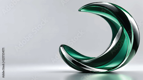 Emerald Green and Black Chrome Crescent Sculpture with Glossy Metallic Open Loop on Soft Gray Background