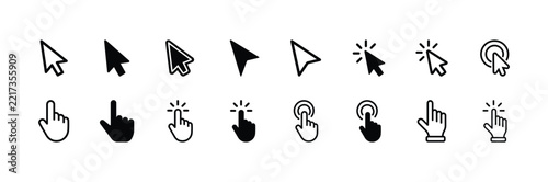 A comprehensive collection of diverse computer cursors and hand icons representing various actions and interface
