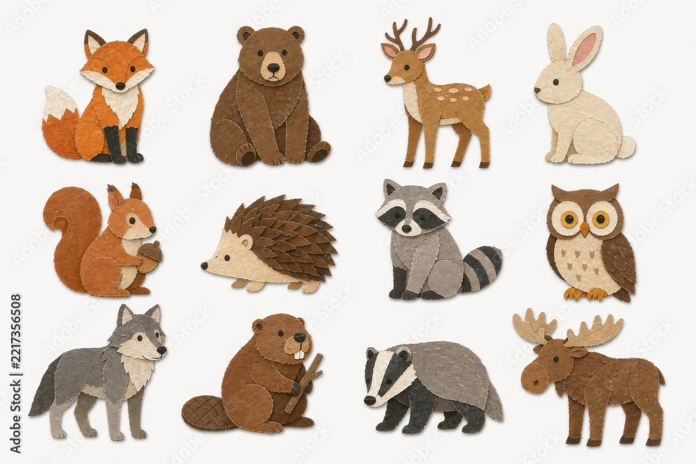 Fototapeta premium Whimsical felt woodland animal collection