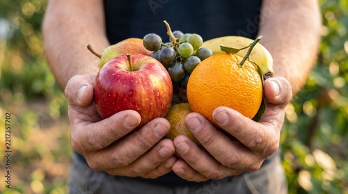 Hands holding fruit, such as oranges and apples