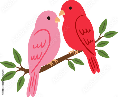 Obraz na plátně Pink and red lovebirds perched on tree branch vector illustration