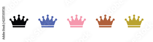 A vibrant collection of five distinct crown icons each showcasing a unique color palette and