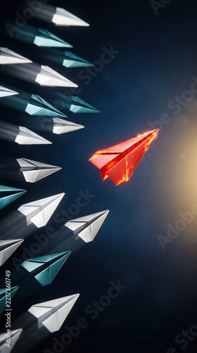 Colorful paper airplanes flying with one red leading against transparent background