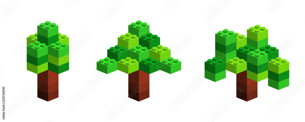 Naklejka premium Realistic isometric 3D trees made by Lego plastic blocks isolated. Pixel brick Christmas tree. Vector illustration png