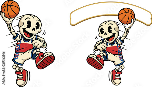 Basketball player skeleton in vintage cartoon style dribbling and holding a sports ball with an empty banner banner template isolated on a white background.