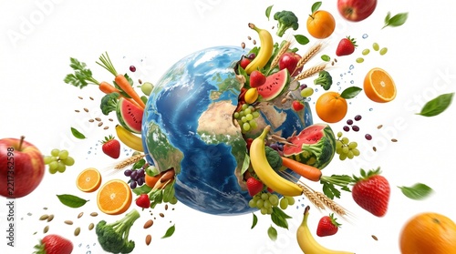 An image of a world from which various fruits and healthy foods emerge.