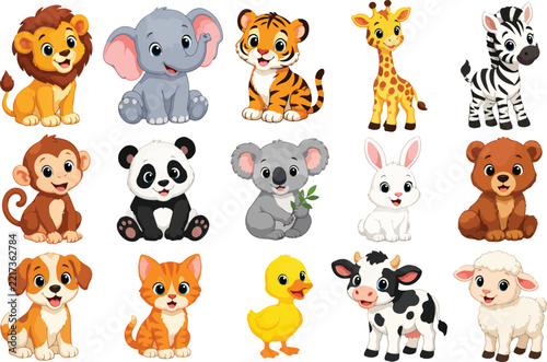 Cute wild animals cartoon sitting vector isolated on white background