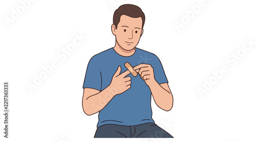 Man wearing a blue t-shirt carefully applies an adhesive bandage to his wounded finger in this cartoon style drawing.