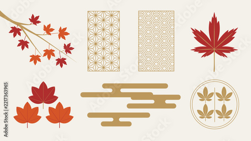 Set of traditional japanese autumn design elements featuring maple leaves patterns and decorative motifs in elegant flat style