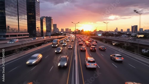 Aerial view of heavy rush hour traffic on a modern city expressway at sunset with skyscrapers in Bangkok