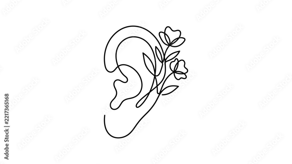 Fototapeta premium A minimalist continuous line drawing of a human ear adorned with delicate floral elements.