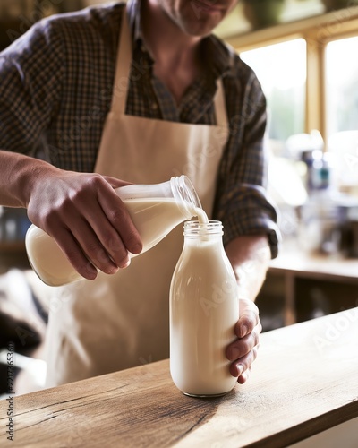 Farmer Pouring Fresh Milk into Glass Bottle