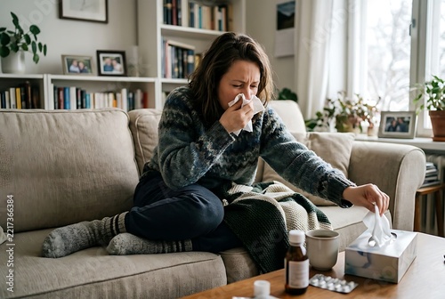 Sick Woman Sitting on Sofa Coughing into Tissue at Home.
