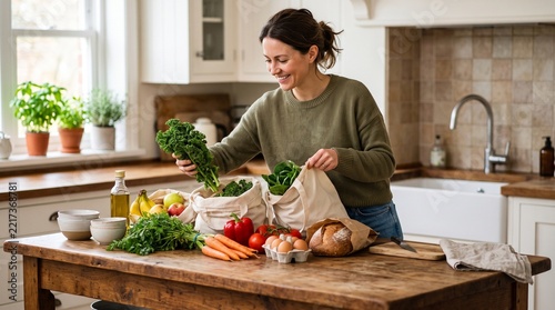 Woman unpacking fresh groceries in a bright kitchen with healthy food items on a wooden table