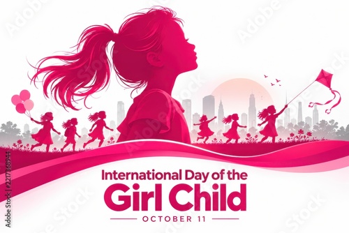 Children celebrating International Day of the Girl Child with kites and balloons against a cityscape backdrop