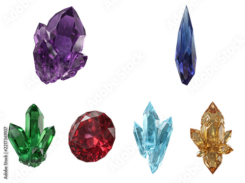 Collection of various colorful gemstones, crystals, and faceted mineral stones in different shapes and sizes isolated on a transparent background