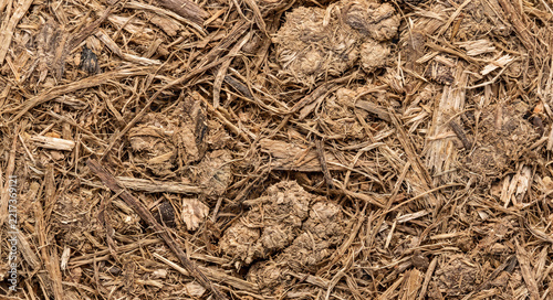 Brown organic mulch texture background with dry wood chips and soil for gardening and landscaping design