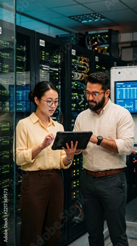 A man and a woman collaborating in a data center, examining a tablet amidst rows of server racks.