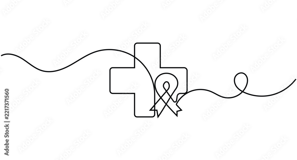 Obraz premium Medical cross awareness ribbon line art minimal healthcare symbol with continuous line and editable stroke