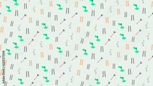 Seamless pattern of ladders, paint cans, and rakes