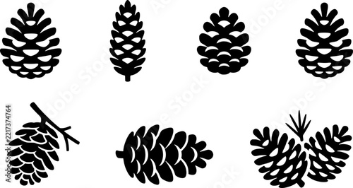 A collection of black and white pine cone silhouettes arranged in a grid on a white background