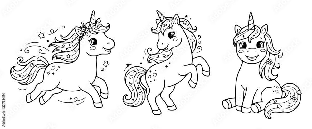Obraz premium Three unicorns in different poses set with simple line art design featuring simple design, minimalist, black and white with illustrations and graphics