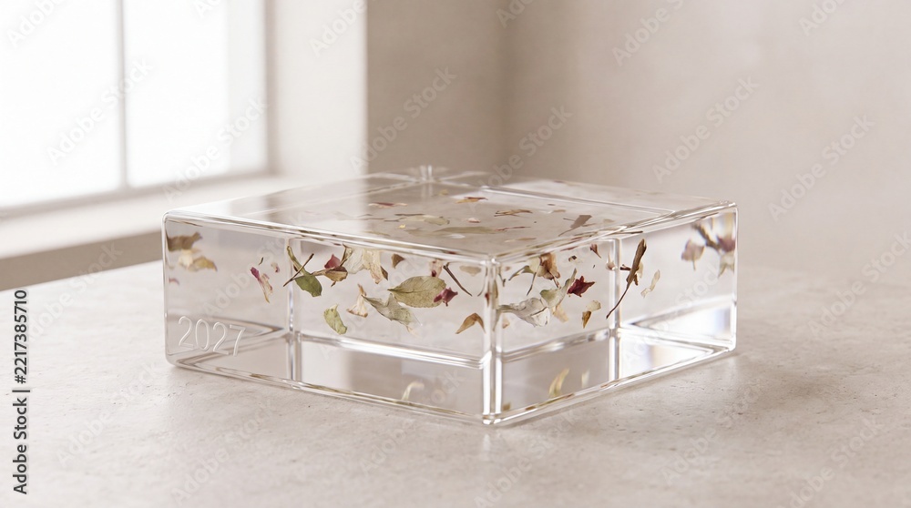 Fototapeta premium Resin art block photo. Clear acrylic rectangular block filled with dried leaves and botanical elements. Elegant minimalist paperweight on a light stone surface with soft window light